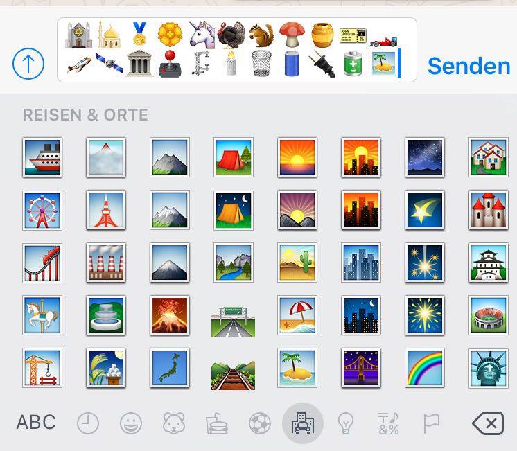 WhatsApp-Ansicht: Einige der neuen Emojis, wie Einhorn und Moschee. Foto: Screenshot